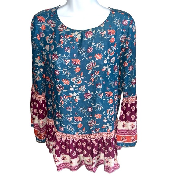 beachlunchlounge Tops - Women's Beach Lunch Lounge 3/4 Sleeve Blue/Purple Floral Blouse - XS
